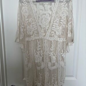 Sheer Floral Embroidered Kimono coverup